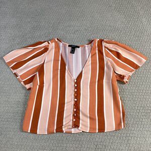 Forever 21 Striped Button Front V-Neck Blouse Women’s Size S Short Sleeve Rust